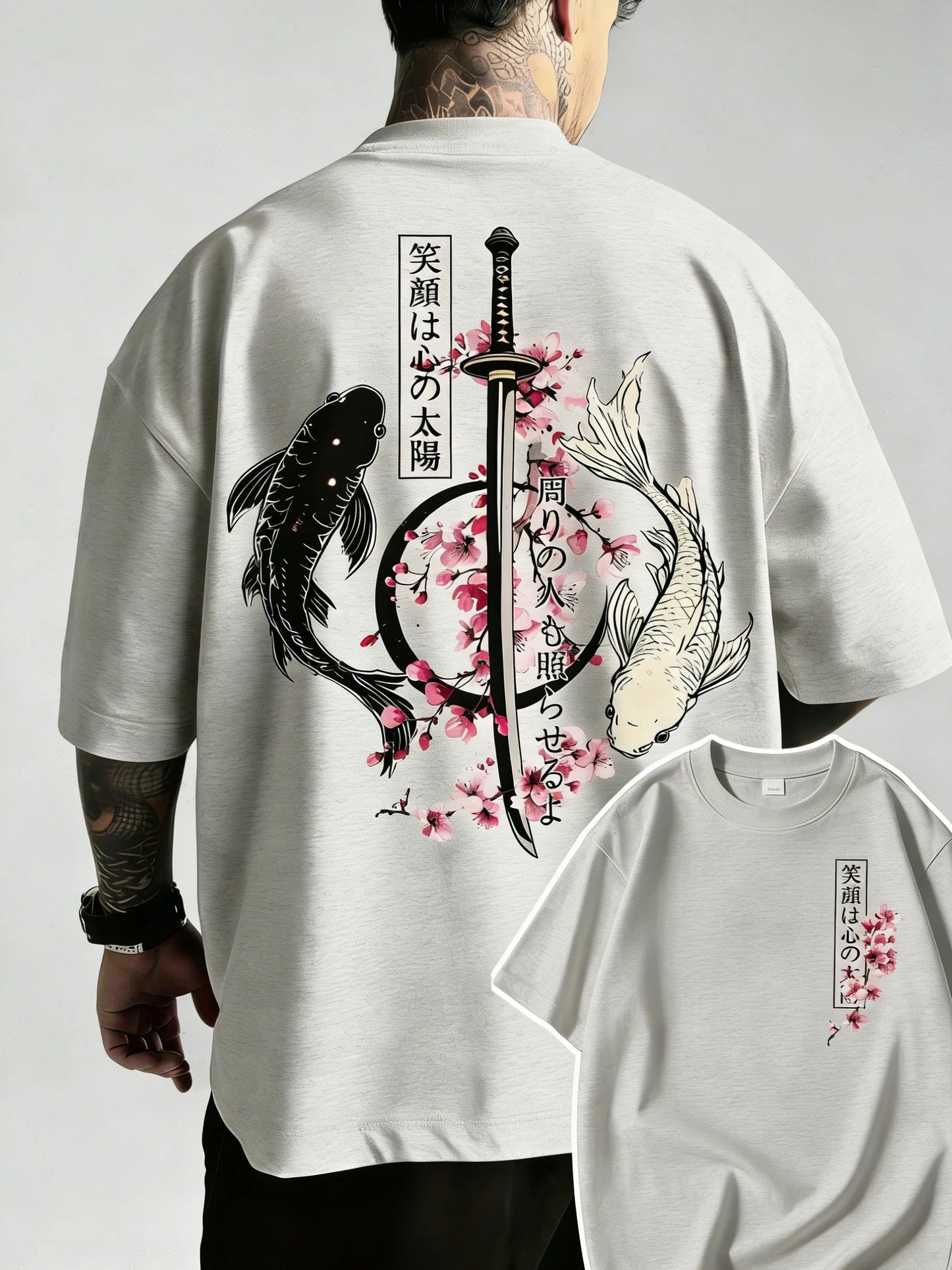 Summer Hot Japanese Yin Yang Koi Fish & Samurai Sword Pattern Cotton Men’s T-Shirt Short Sleeve Tees Casual Oversized Unisex Top