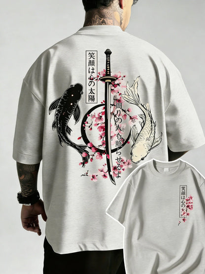 Summer Hot Japanese Yin Yang Koi Fish & Samurai Sword Pattern Cotton Men’s T-Shirt Short Sleeve Tees Casual Oversized Unisex Top