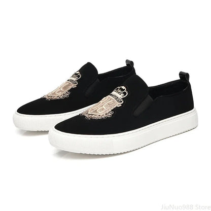 Sapatênis Masculino Novo Casual Preto Camurça Couro Festa Luxo Bordado Sapatilha Mocassim Slip-On