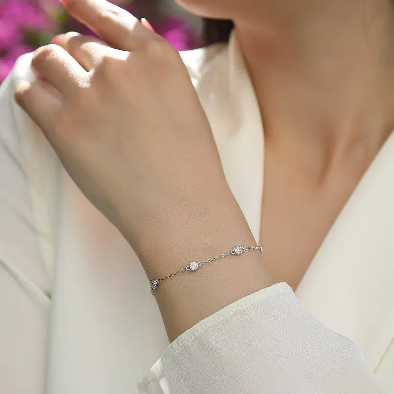 Round Bezel 0.87cttw Full D Color Moissanite Diamond Bracelet For Women 925 Silver GRA Certified 19cm Link Bracelets Gift