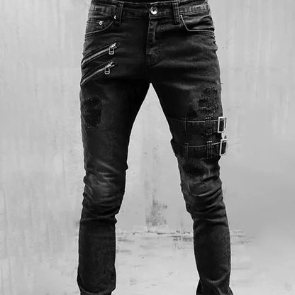 Men's Retro Moto Biker Straight Elastic Jeans Zipper Distress Hole Punk Skinny Denim Cargo Pants Streetwear Y2K Hombre Trousers