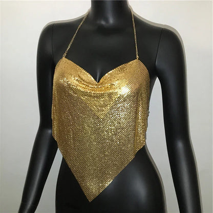 Shiny Metal Sequins Tank Tops For Women Sexy Backless V Neck Adjustable Chain Crop Top Lady Festival Rave Party Club Camisole