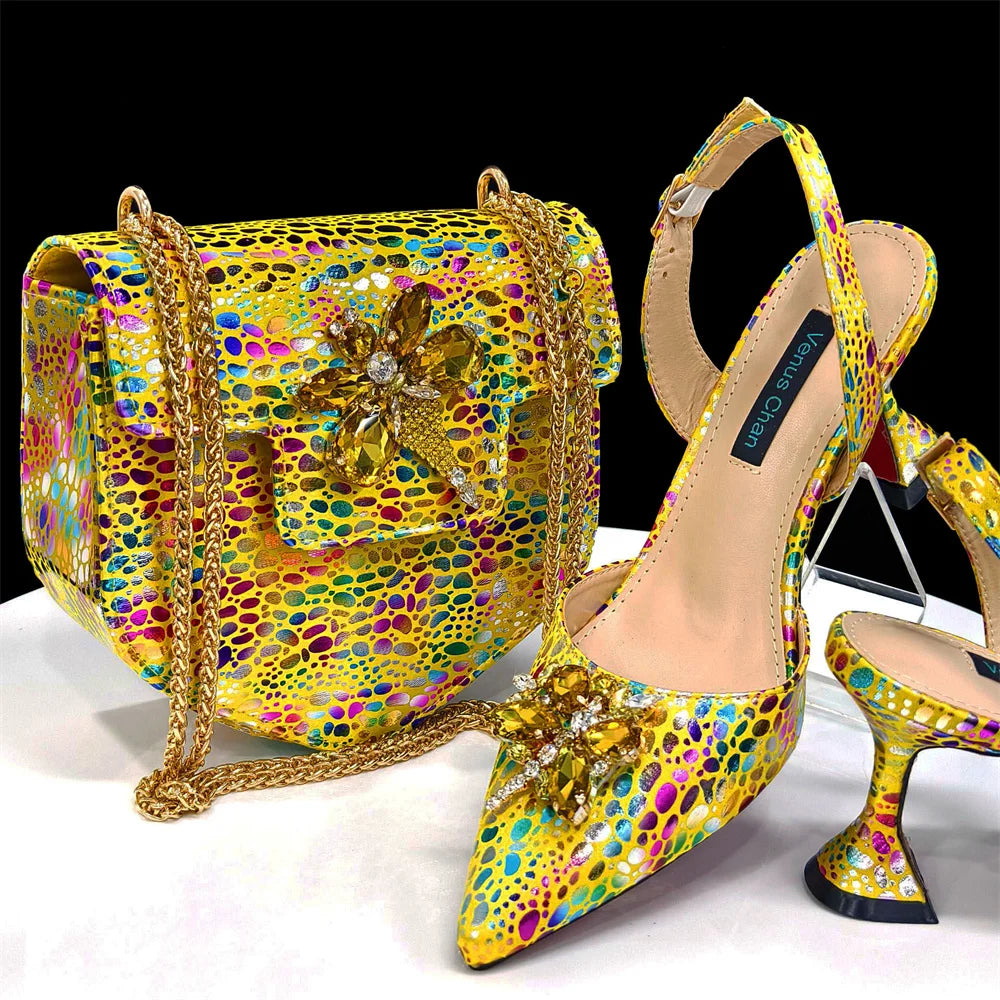 Italian Design Luxury Women's Shoes And Clutch Green Full Diamond Decoration Metal Closure Bag for Party
