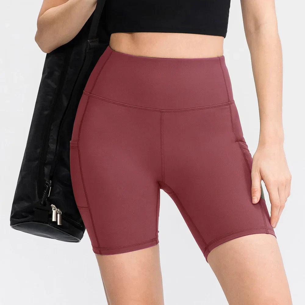 Women's printed nude yoga shorts with pockets skin-friendly tight stretch quick-drying sports fitness hiking running shorts