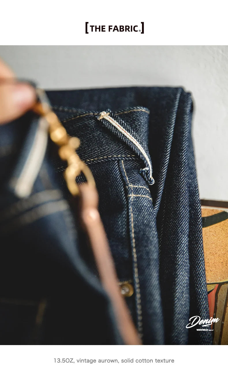 Vintage 13.5oz Heavyweight Selvedge Raw Denim Jeans Men's Straight Fit Cotton Jeans Casual Pocket Trousers Fall Winter