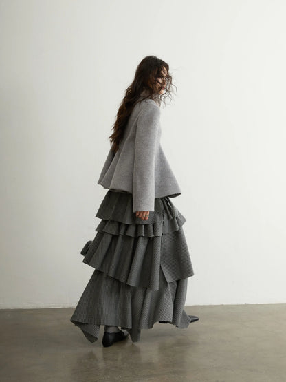 Spring Autumn Grey Striped Ruffled Asymmetrical Tiered Skirt Women Long Elegant Chic Luxury Designer Clothes Fashion