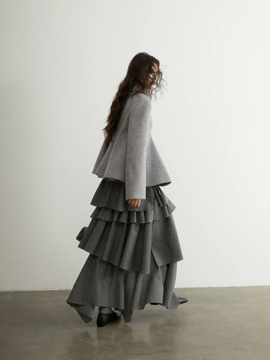 Spring Autumn Grey Striped Ruffled Asymmetrical Tiered Skirt Women Long Elegant Chic Luxury Designer Clothes Fashion