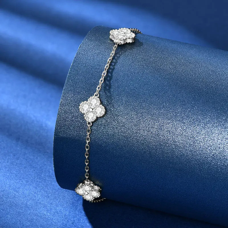 18k Gold Plated 925 Silver 3mm Moissanite Necklace Earrings Bracelet Sets 3 In 1 Clover Flower Charm Jewelry Set for Women Gift