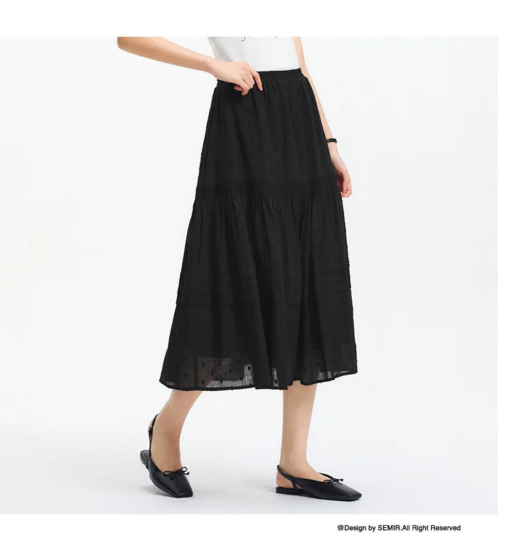 Skirt Women Elastic Waist A-Line Elegant 2025 New Summer Patchwork Lace Polka Dot Long Skirt Graceful for Daily Wear