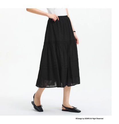 Skirt Women Elastic Waist A-Line Elegant 2025 New Summer Patchwork Lace Polka Dot Long Skirt Graceful for Daily Wear