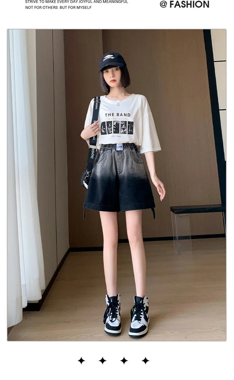 Plus Size Denim Shorts For Women Summer 2024 New High Elastic Waist Pockets Wide Leg Loose Jean Short Femme Hot Sale