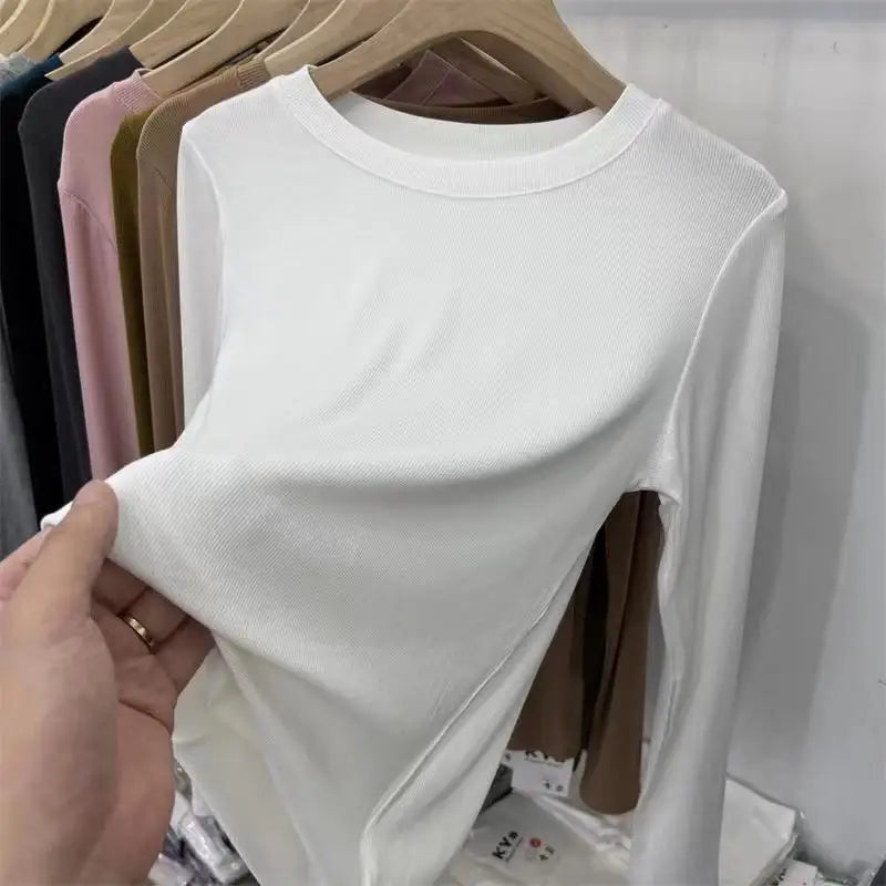 Outono Escritório Senhora Básica Gola Redonda Slim T-Shirt Feminina Cor Sólida Multicor Tendência Versátil Casual Top Manga Longa Elástico Canelado
