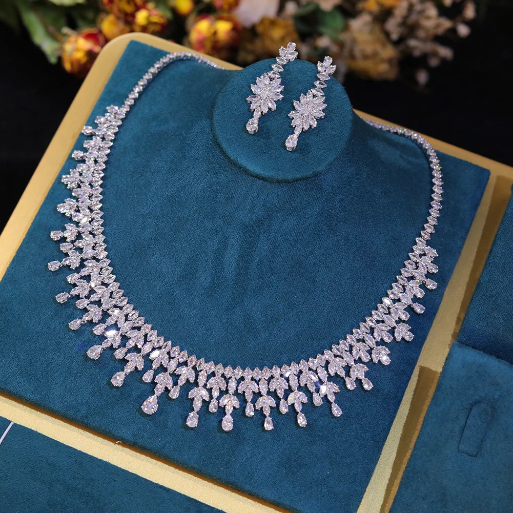 Dubai Jewelry Sets Leaf Design Bridal Necklace Earring Set 5A Cubic Zirconia Femme Ladies Wedding Accessories