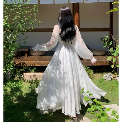Elegant Maxi Dresses For Women White Off Shoulder Puff Long Sleeve Elastic High Waist Party Gown Ruffle Holiday Dress