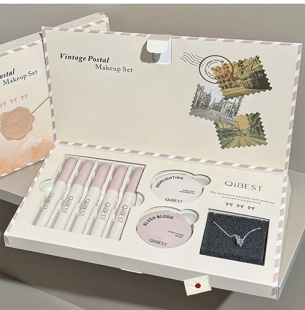 Retro Mail Makeup Set 5pc Matte Lip Mud,1 Blush,1 Highlight And 1 Necklace Gift Multipurpose Cosmetics Kits For Women