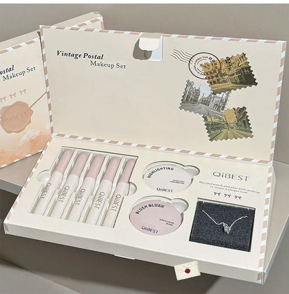 Retro Mail Makeup Set 5pc Matte Lip Mud,1 Blush,1 Highlight And 1 Necklace Gift Multipurpose Cosmetics Kits For Women