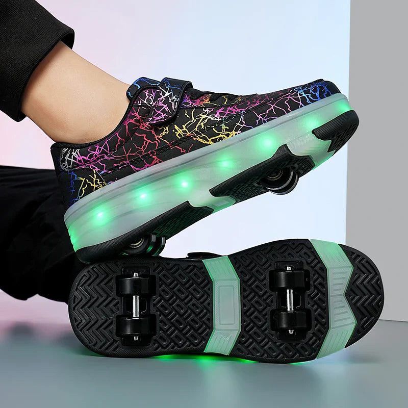 4 Wheel Dual-Use Roller Skates with Detachable Wheels ,Sneakers with LED Boys Girls Shoes with Wheels,Speed Skate Sizes 29-42