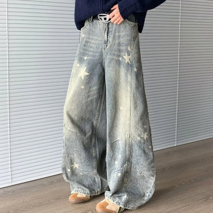 Vintage Casual Y2K High Waisted Straight Leg Star Jeans Fashion Cute Printed Gradual Pants for Men And Women