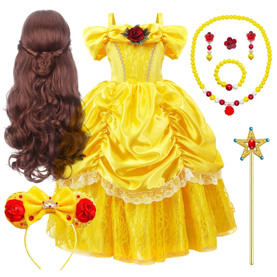 Girls Belle Cosplay Princess Dress Children Beauty Beast Clothes Birthday Carnival Christmas Party Costume Kids Ball Gown 2-11T