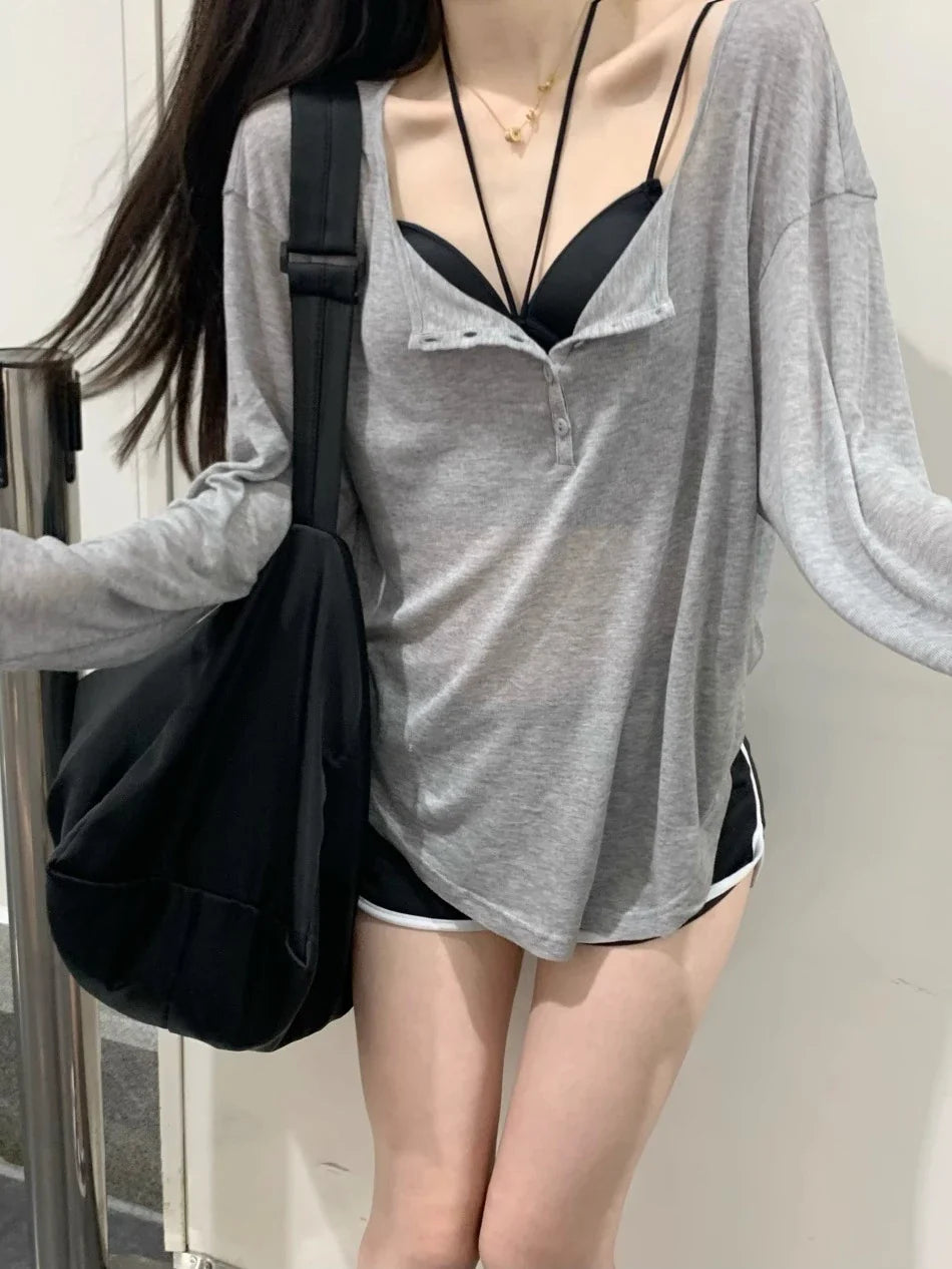 T Shirts Women Slash Neck Long Sleeve Tops Solid Stretch Women's Summer Sexy Club Tshirt Korean Loose Tees Streetwear Clothes