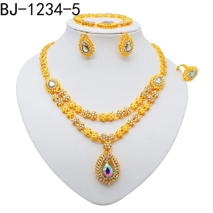 Women Gold Color Jewelry Sets Blue Pendant Necklace Earrings Bracelet Ring Sets Party Gifts