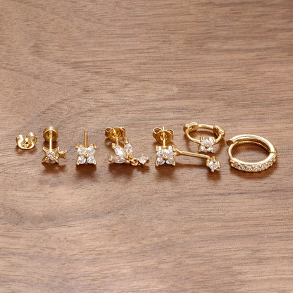 6PCS Fashion Cute Zircon Flower Ear Stud For Women Fashion 18K Gold Plated Star Ear Stud Earring Piercing Girl Set Jewelry Gift
