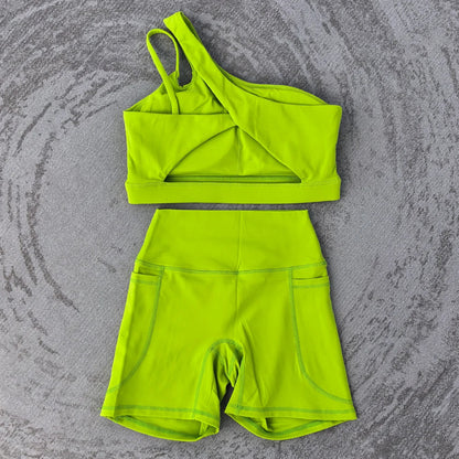 Women's 2 PCS Sports Yoga Set Sexy Sport Bra High Waist Sports Pocket Shorts Gym Fitness Sleeveless Workout Suit Sporstwear