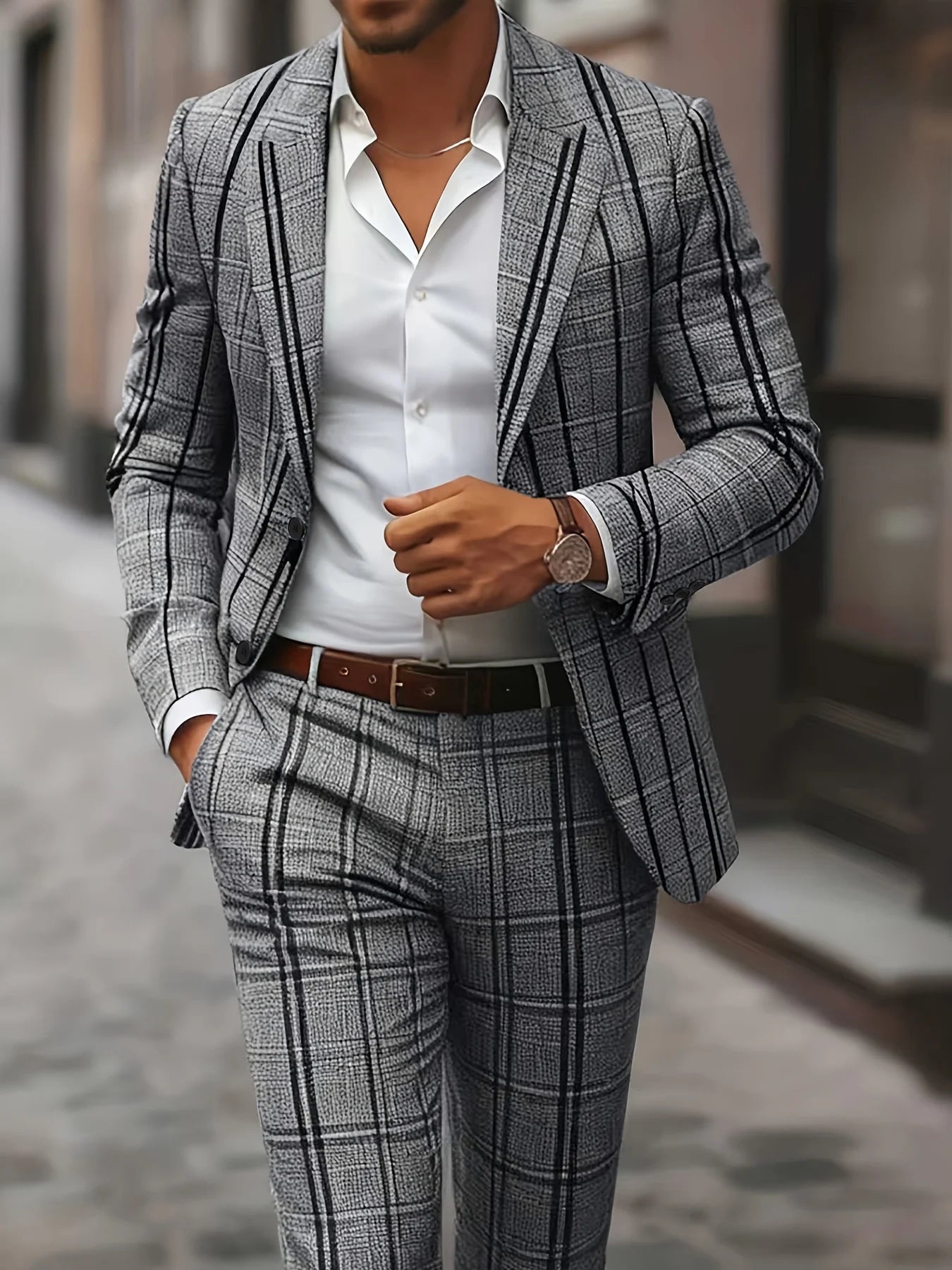 European American Style Men's Business Fashion High Quality Grey Two-Piece Suit Plaid Print Casual Style