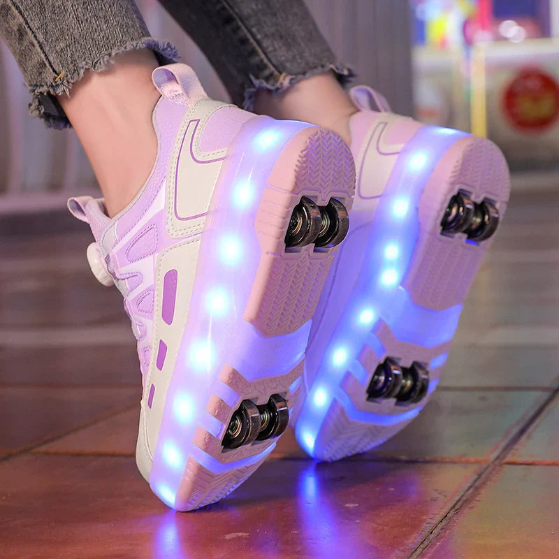 Boys Girls Roller Shoes Pink Blue Four Wheels Luminous Glowing Kids Outdoor Sport Casual Shoes USB Children Led Sneakers Shoes