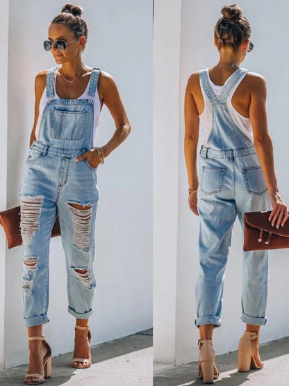 Calça Jeans de Uma Peça Suspensa Reta