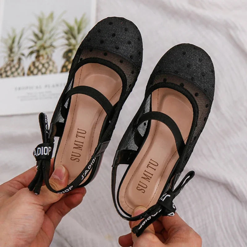 Mesh Black White Polka Dot Shoes Sandals for Girls with Heels Mules Sling Back Shoes for Girls Luxury Shoes for Girls To Dress