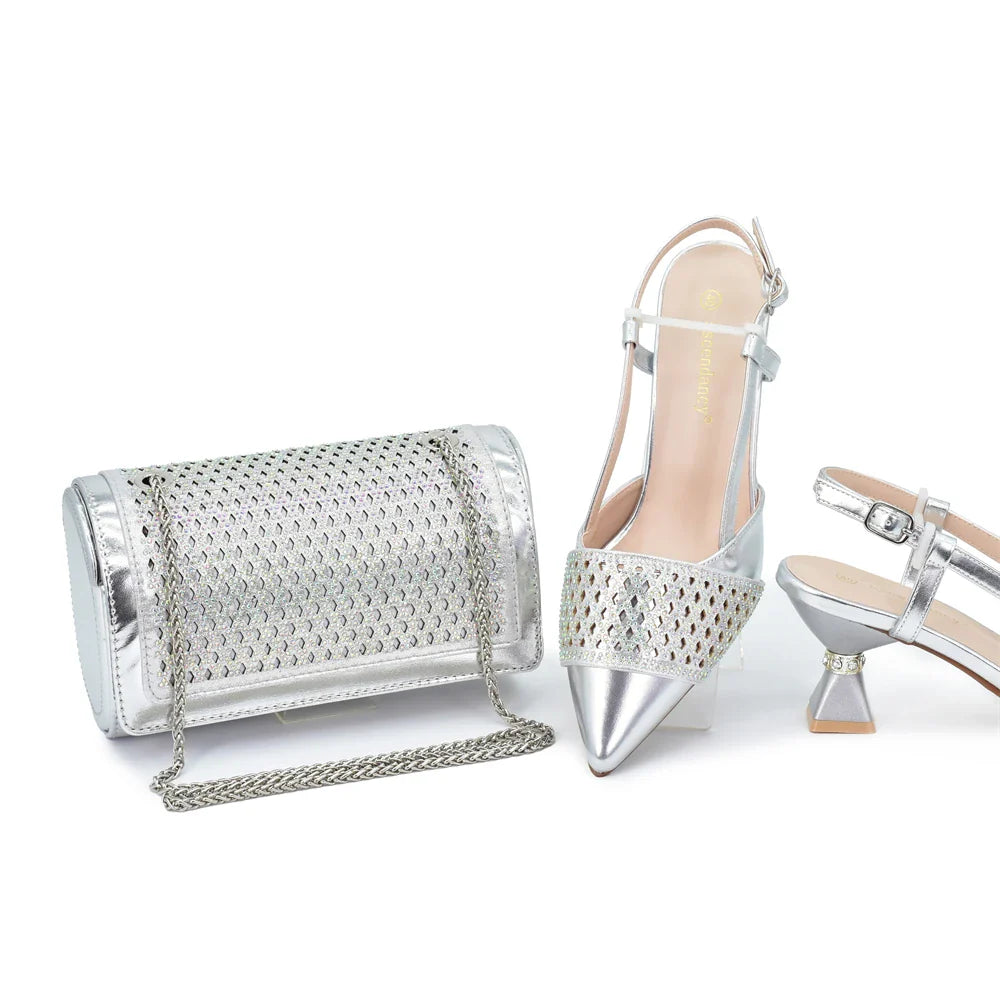 Fashion Women Italian Shoes and Matching Bags Sets Decorated with Rhinestone Fashion Party Shoes and Bag Match for Women