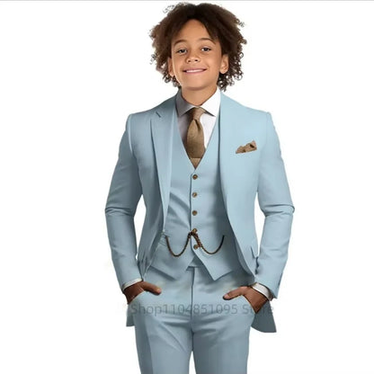 Khaki Boys Suit 3 Piece Groom Tuxedo Notch Lapel Jacket Pants Vest Wedding Party Birthday Gift Kids Slim Fit Blazer Child Suits