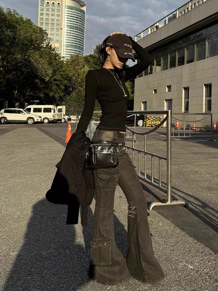 Black Low Waist Cargo Jeans 2000s Distressed Whiskers Multi-pocket Stretch Bootcut Pants Women Retro Grunge Streetwear