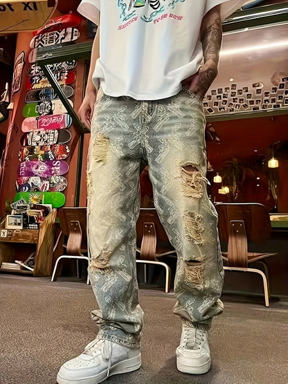 American-Style Street Washed Distressed Ripped Jeans for Men, Spring and Autumn Straight-Leg Loose European and American High Street Vibe Long Pants