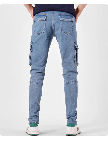 Men's Jeans Street Style Waist Denim Cargo Pants Solid Color Washed Slim Fit Casual Jeans with Multiple Pockets for Daily Wear