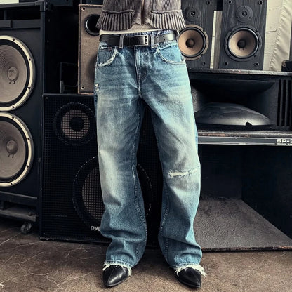 Y2K Harajuku jeans Vintage Wash distressed men women wide leg pants American hip hop Streetwear light blue Casual Baggy Trousers