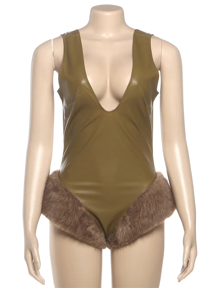 Faux Leather Skinny Bodysuits Woman Low-Neck Backless Sleeveless Furry Patchwork Hem Hot Girls High Street Style Bodycon