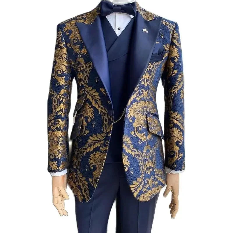 Tuxedo Suits for Men Wedding Slim Fit Navy Blue and Gold Gentleman Male Costume Suit Set