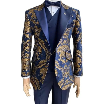 Tuxedo Suits for Men Wedding Slim Fit Navy Blue and Gold Gentleman Male Costume Suit Set