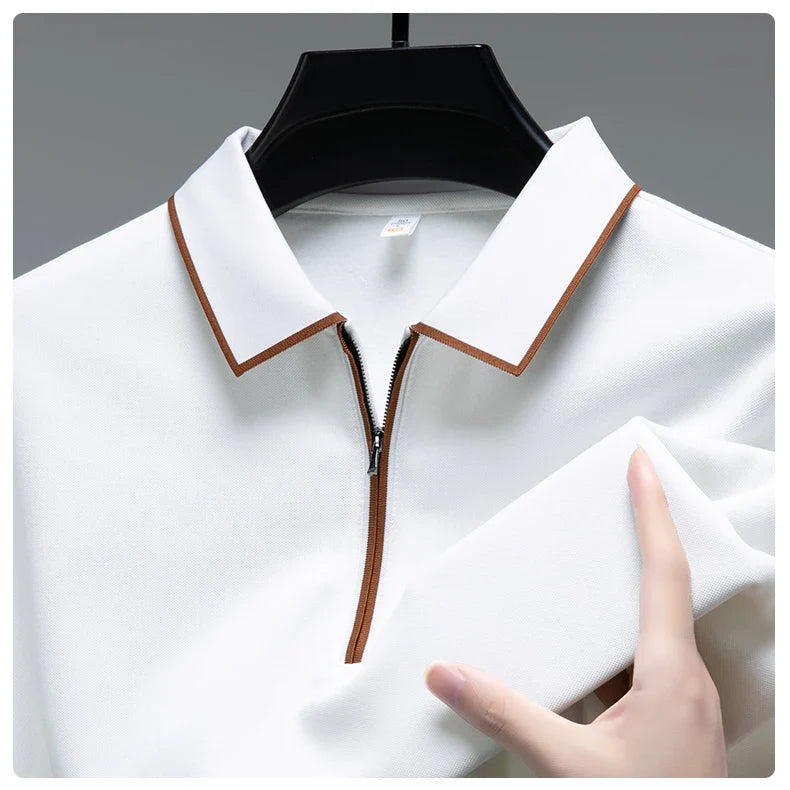 Light luxury brand long sleeved men's polo shirt autumn fashion flip collar half zipper design boutique top silk casual T-shirt