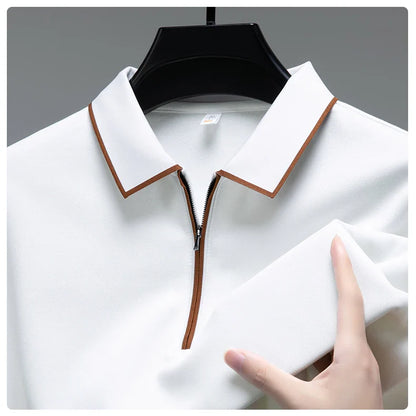 Light luxury brand long sleeved men's polo shirt autumn fashion flip collar half zipper design boutique top silk casual T-shirt