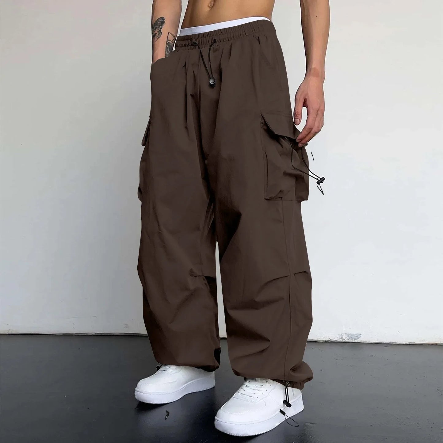 Cool Streetwear Versatile Quicky Drying Wide Leg Low Waist Drawstring Cargo Trousers Fashion Daily Casual Pockets Pants For Male