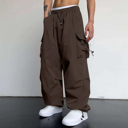 Cool Streetwear Versatile Quicky Drying Wide Leg Low Waist Drawstring Cargo Trousers Fashion Daily Casual Pockets Pants For Male