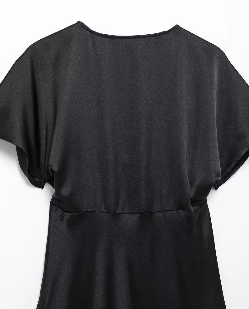 Satin Long Dress Woman Black Draped Midi Dresses for Women Elegant Party Women Dresses Short Sleeve Chic Female Dress