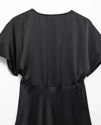 Satin Long Dress Woman Black Draped Midi Dresses for Women Elegant Party Women Dresses Short Sleeve Chic Female Dress