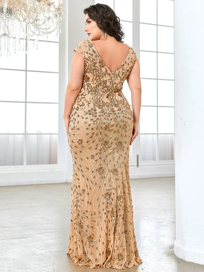 Plus Size Elegant Blue Evening Dress For Women 2024 Luxury Long Mermaid Formal Sequins V-neck Prom Wedding Party Gown