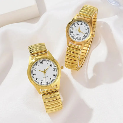 2 PCS Of Gold Retro Round Pointer Quartz Watch Classic Simulation Elastic Band Watch Suitable For Both Male And Female Couples