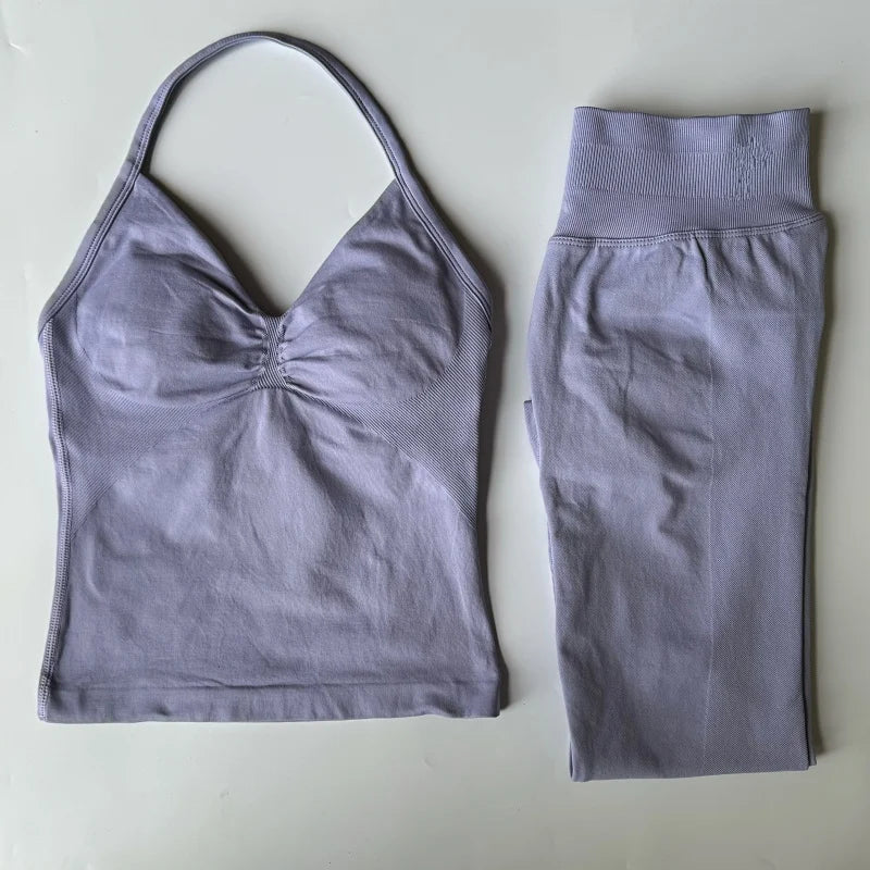 2 Pieces Set Leggings Set Women Backless Tank Tops High Waist Scrunch Gym Suit Fitness Clothes Outfit Workout Yoga Set