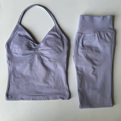 2 Pieces Set Leggings Set Women Backless Tank Tops High Waist Scrunch Gym Suit Fitness Clothes Outfit Workout Yoga Set